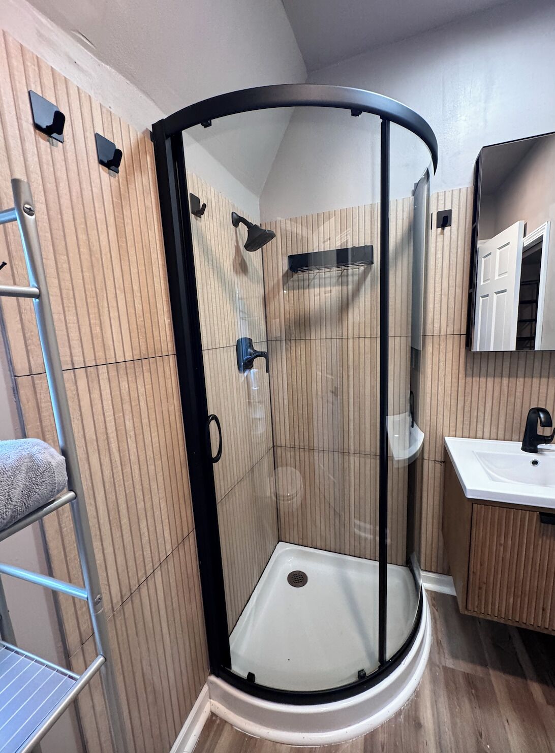 A corner shower enclosure with a glass door, a metal ladder, and a white sink.
