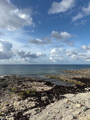 A rocky shoreline with the sea in the background and a partly cloudy sky.