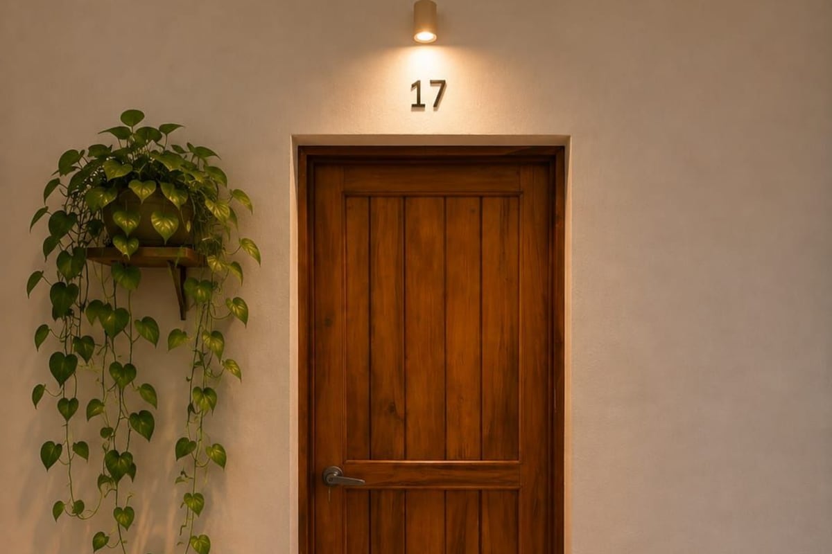 A wooden door with the number 17 above it, a wall-mounted plant, and a tiled floor.