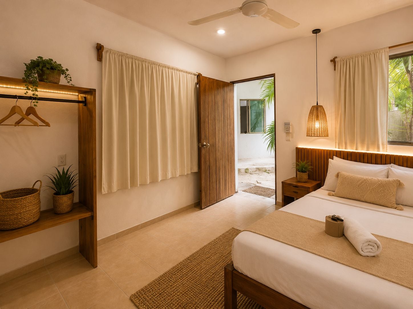 Quarto com cama, mesa de cabeceira, luminária pendente, porta de madeira e vista para o exterior.