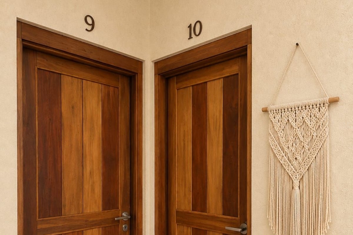 Two wooden doors with numbers 9 and 10, a macrame wall hanging, and a tiled floor.