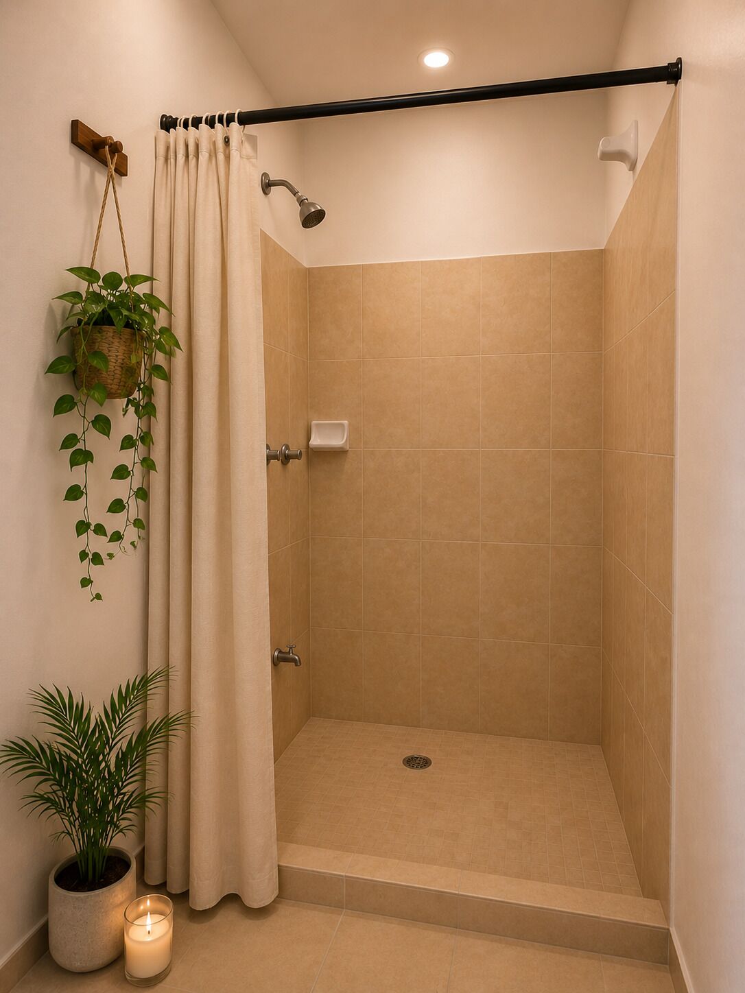 A shower with beige tiles, a curtain, a hanging plant, and a lit candle.