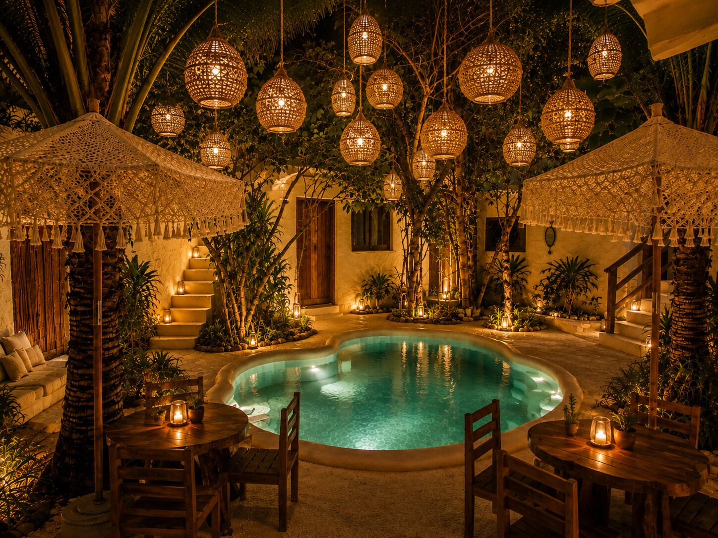 Een zwembadgedeelte met hanglampen, een trap en buitengemeubilair.