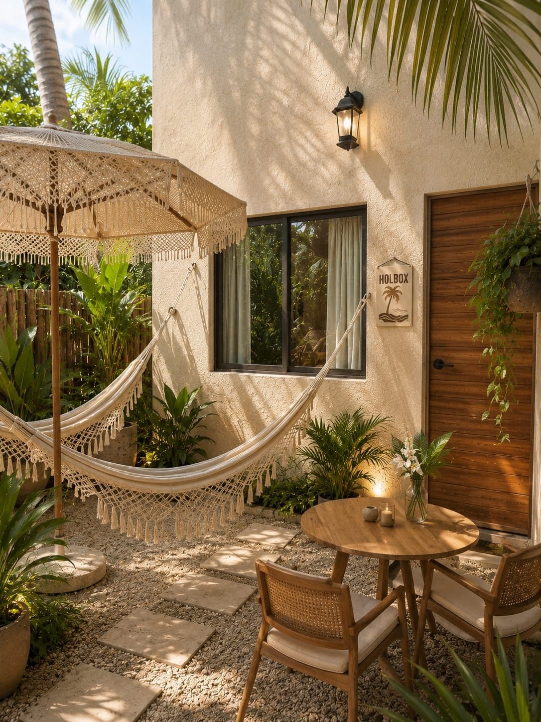 Una hamaca, una mesa de madera, sillas de mimbre y un letrero que dice 'HOLBOX' en un patio con plantas y un edificio al fondo.