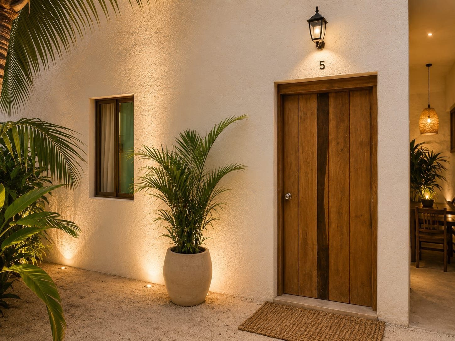 A building entrance with a wooden double door, a potted plant, a wall-mounted light fixture, and a number '5' sign.