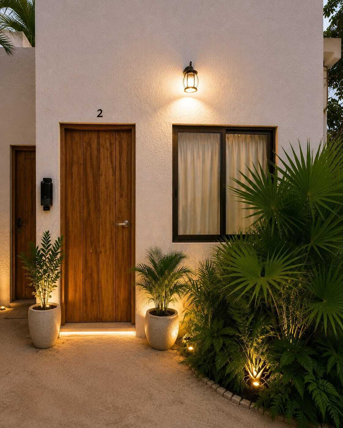 Un edificio moderno con puerta de madera, el número '2' arriba y una ventana con cortinas. Hay plantas en macetas y un camino que lleva a la entrada.