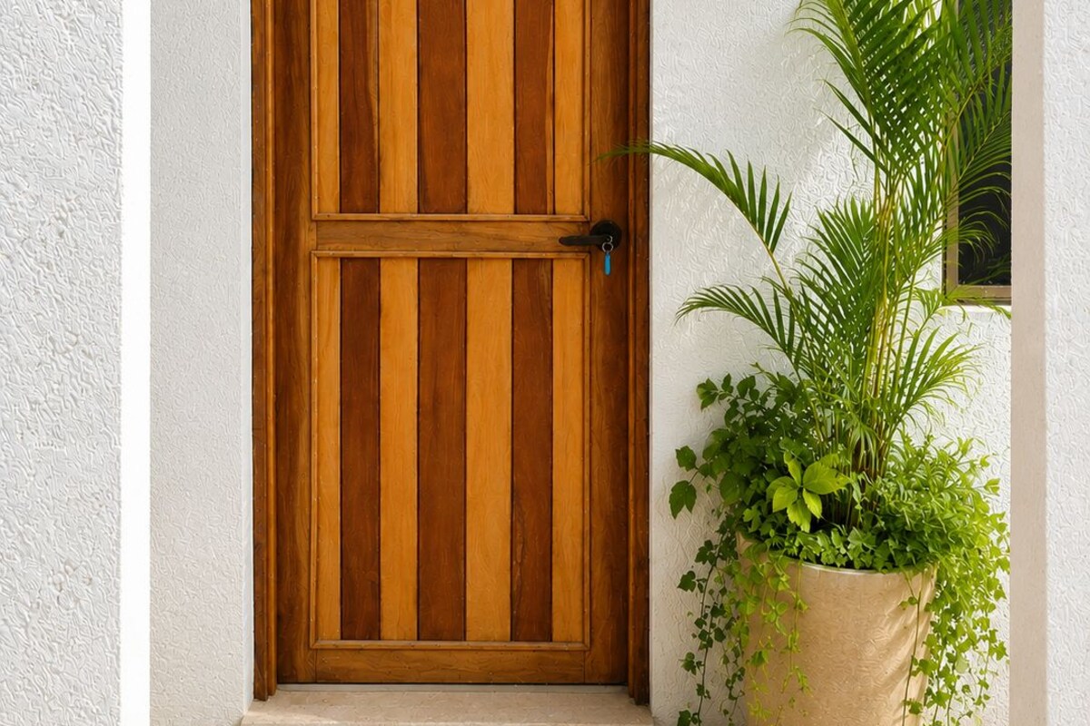 A wooden door with a number '7' above it, a keyhole, and a potted plant beside it.