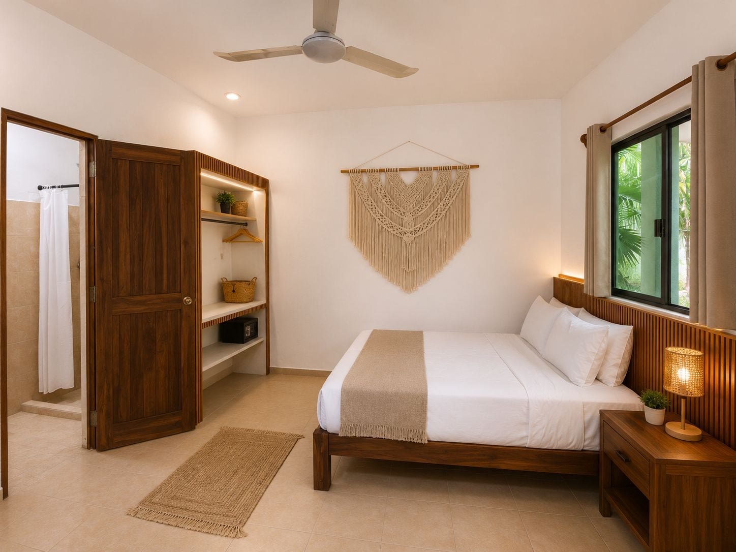 Quarto com cama, mesa de cabeceira, luminária e um pendente de macramé.
