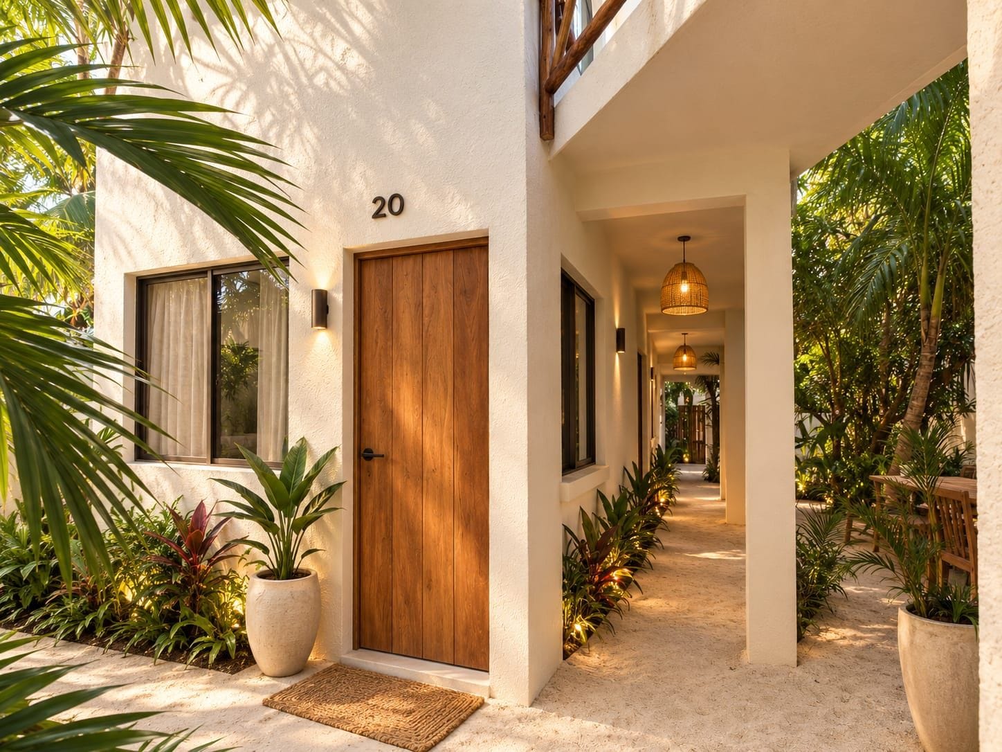 Una casa moderna con puerta de madera, número 20, y un camino que lleva a una zona cubierta con plantas.