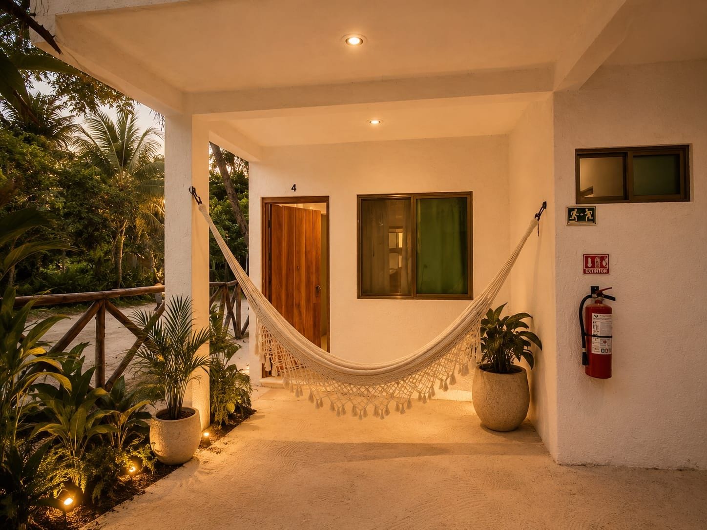 Entrada de un hotel con una hamaca, plantas en macetas y un letrero de salida de emergencia.