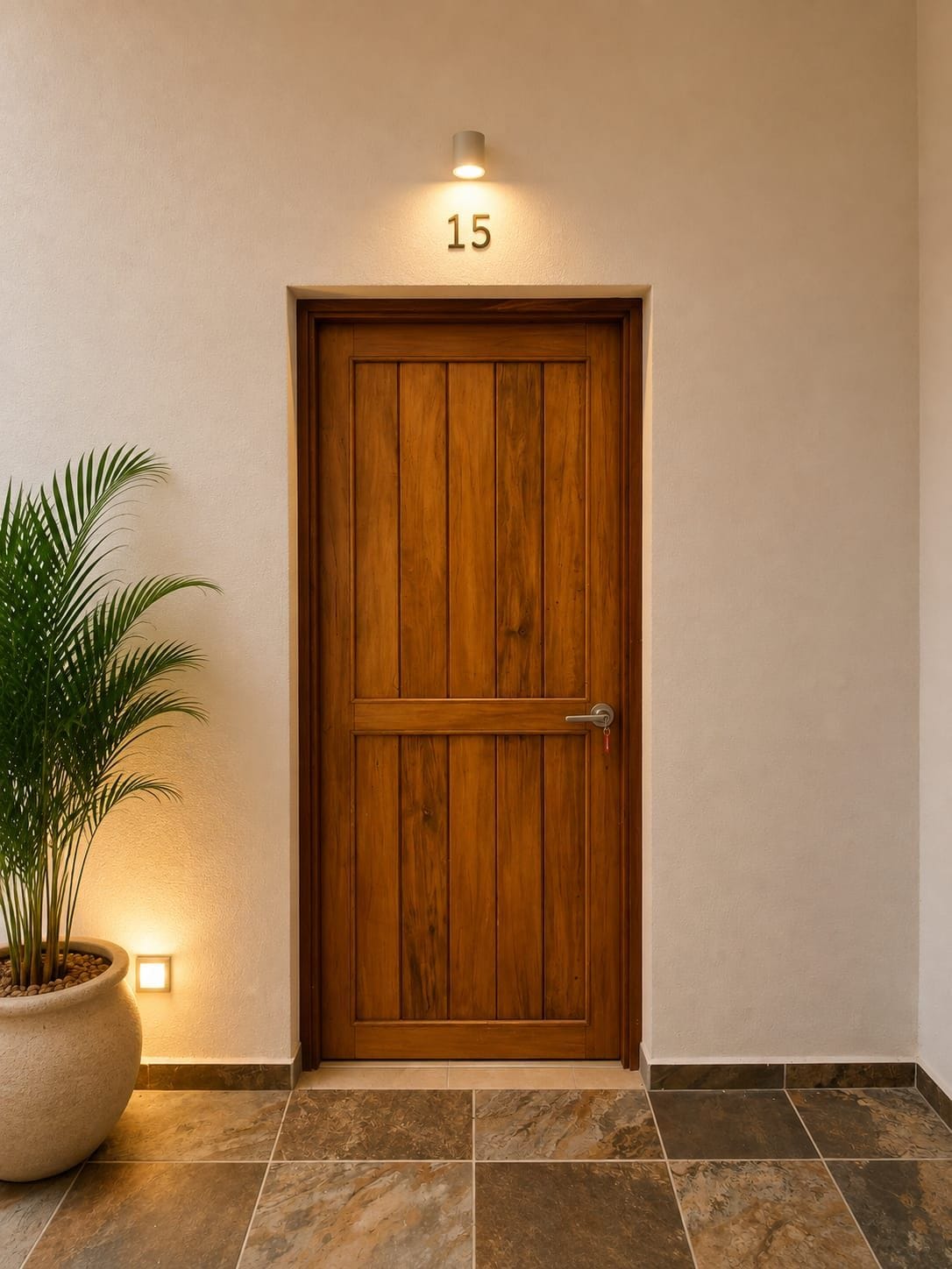 Uma porta de madeira com o número 15 em destaque acima, um vaso de planta à esquerda e um candeeiro sobre a porta.