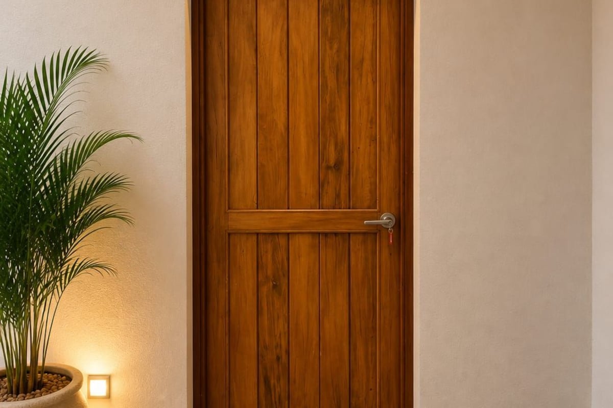 A wooden door with a number '15' above it, a potted plant to the left, and a light fixture above the door.