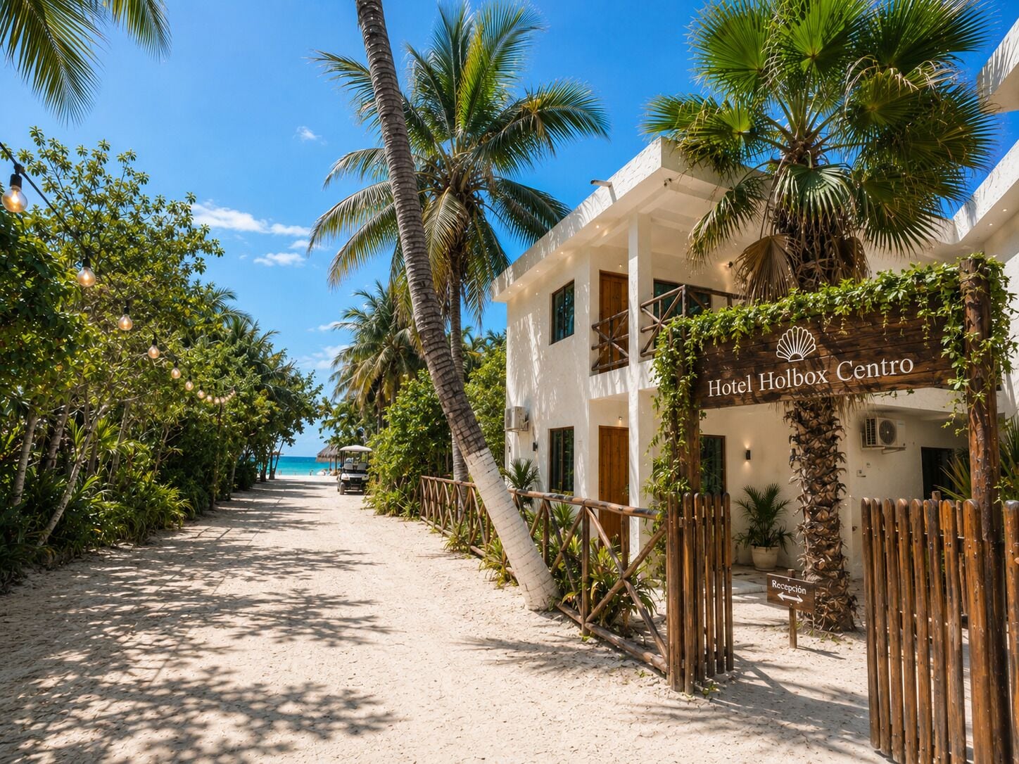 Caminho que leva a um hotel chamado 'Hotel Holbox Centro', com vista para a praia, cercado por palmeiras e uma praia de areia.