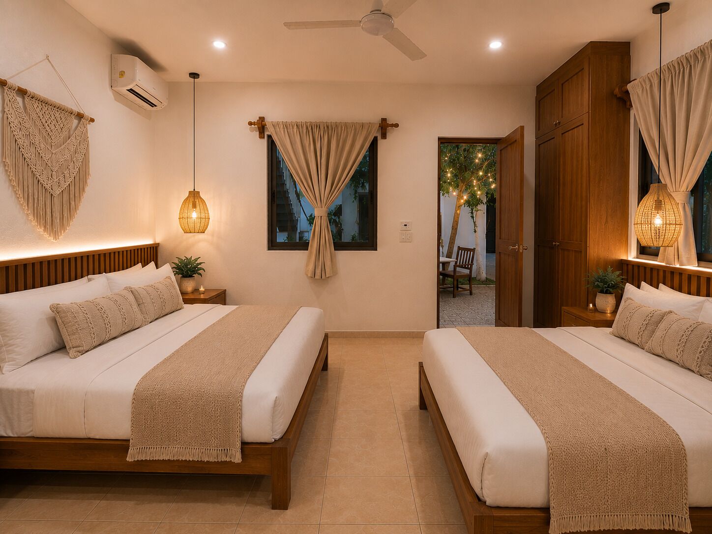 A hotel room with two beds, a ceiling fan, an air conditioning unit, a window with curtains, and a view of the outside.