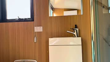 Een kleine badkamer met toilet, wastafel en spiegel.