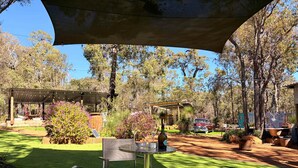A patio area with a table and chairs, surrounded by lush greenery and a vintage car.