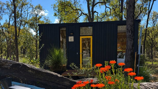 A small, dark-colored cabin with a yellow door, surrounded by trees and red flowers.