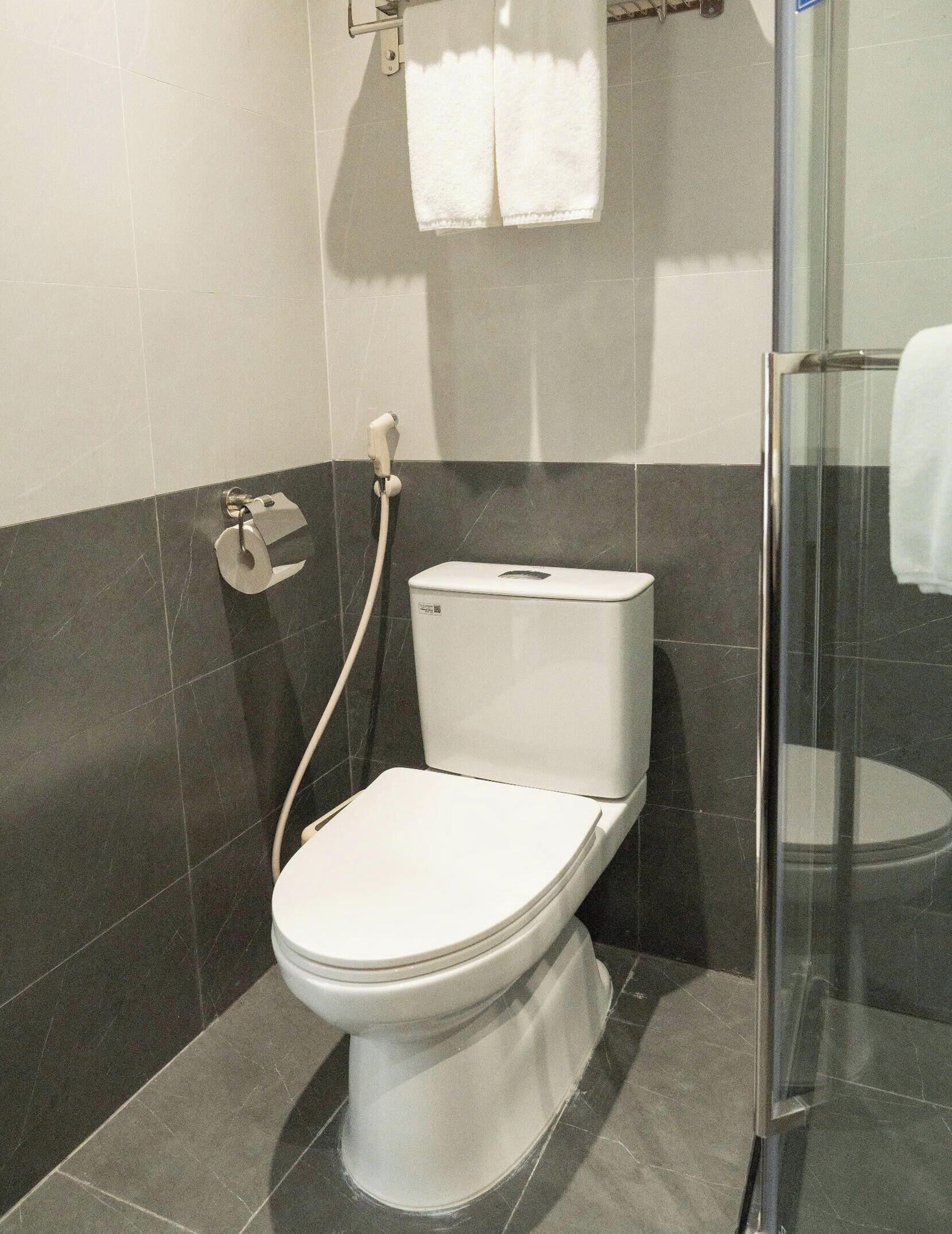 A toilet with a bidet attachment, a towel rack with two towels, and a glass shower enclosure.