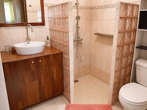 A bathroom with a wooden vanity, a white sink, a shower enclosure, and a toilet. - TE AVA (AVERA)