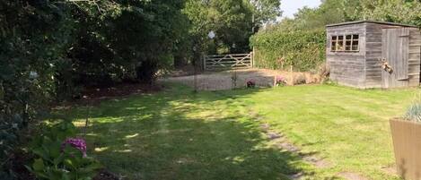 A grassy yard with a wooden shed, a gate, and dense foliage.