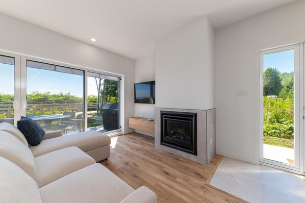 Una sala de estar moderna con chimenea, ventanas amplias y un televisor de pantalla plana.