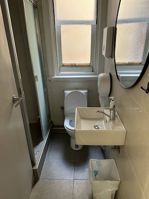 A small bathroom with a toilet, sink, and a mirror. - 5 mins to Central Sydney Lord Raglan Hotel (Alexandria)