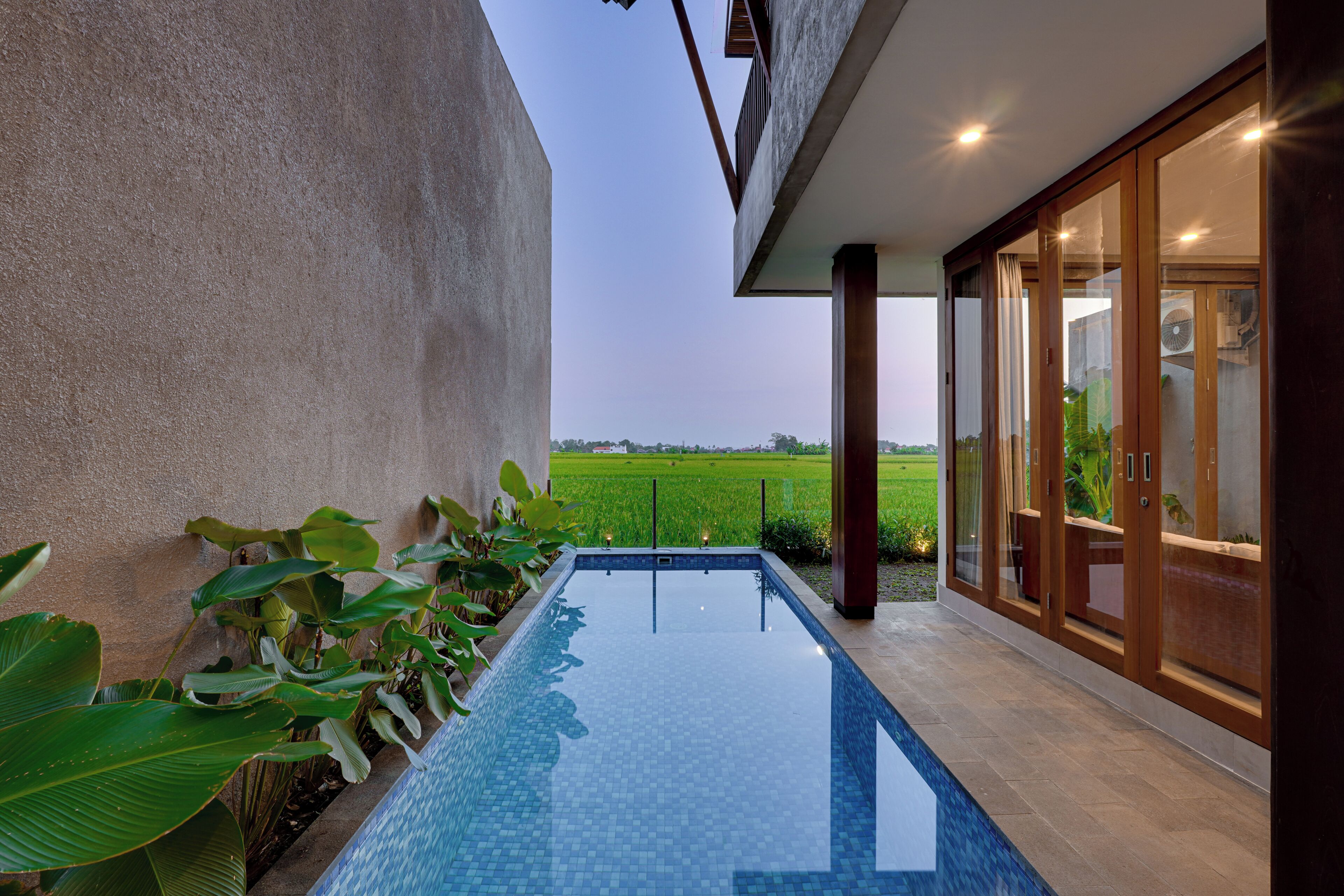 Una piscina con borde de azulejos, rodeada de plantas, y vista a un campo verde.
