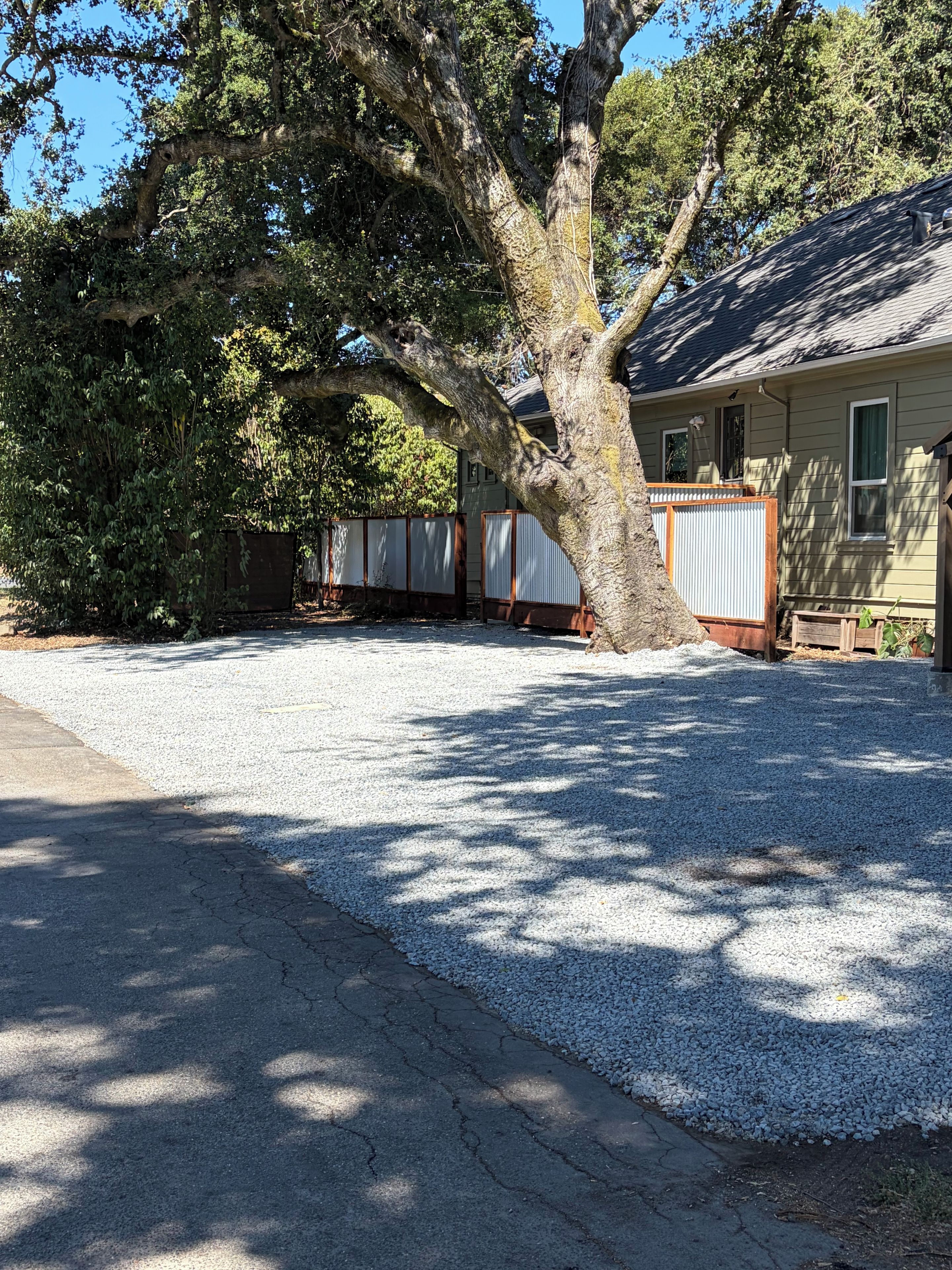A residential property with a gravel driveway, a large tree, and a house with a fenced yard.