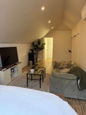 A modern living room with a flat-screen TV, a coffee table, a sofa, and a potted plant. - Sonoma Sky Suite: Private Hot Tub & Entrance, Couples Retreat (Sonoma)