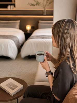 A person seated on a couch in a hotel room with two beds and a nightstand with a lamp. - KATAWARE  About 10 minutes to Shinjuku | 3-minute walk from Numabukuro Station | Private 1LDK | 60 ㎡ | Accommodates up to 6 people | 3-minute walk to a supermarket and convenience store (中野区)
