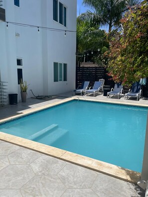 A rectangular swimming pool with a tiled edge, surrounded by lounge chairs and a potted plant. - Beautiful condo, on Roatán's best beach, just 3 minutes from everything!!🏖 (Roatan)