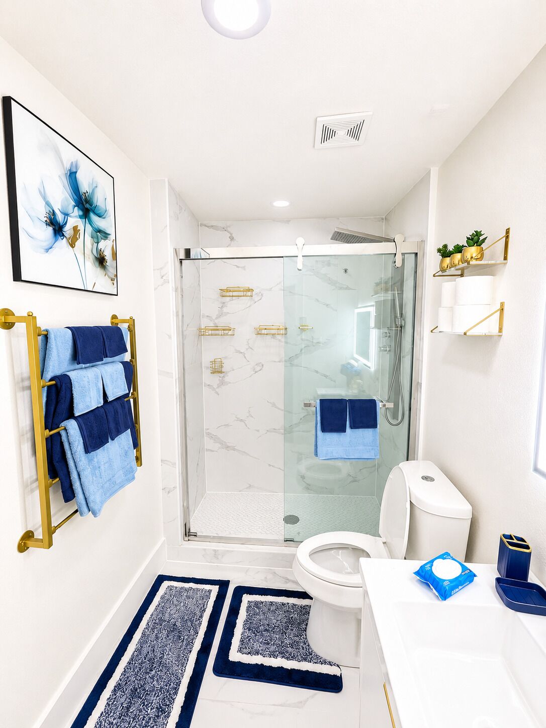 A modern bathroom with a glass-enclosed shower, marble walls, and a white toilet.