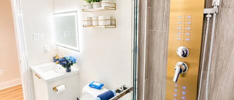 Une salle de bain moderne avec une douche à parois de verre, des toilettes et un lavabo.