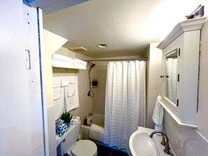 Ein Badezimmer mit Toilette, Waschbecken, Dusche und Spiegel.
