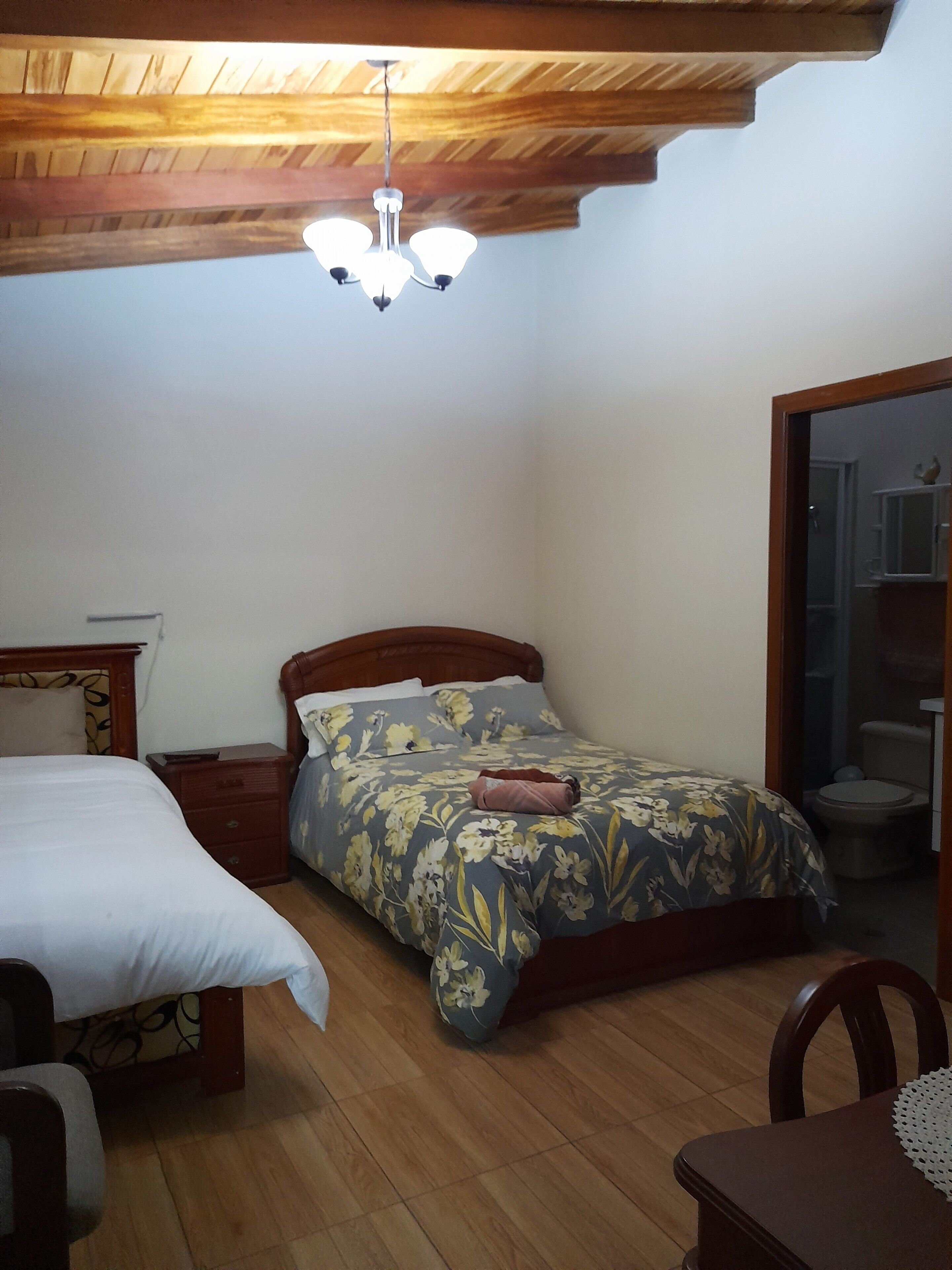 Une chambre à coucher avec un lit, une table de chevet et un luminaire au plafond.