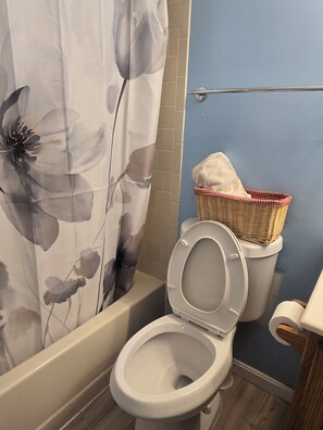 A bathroom with a toilet, a shower curtain with floral design, a wicker basket on the toilet, and a blue wall. - Private Basement Suite with Kitchen & Separate Entrance (Upper Marlboro)