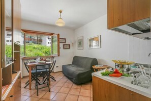 A compact kitchen with a dining area, a sofa, and a view of greenery outside.