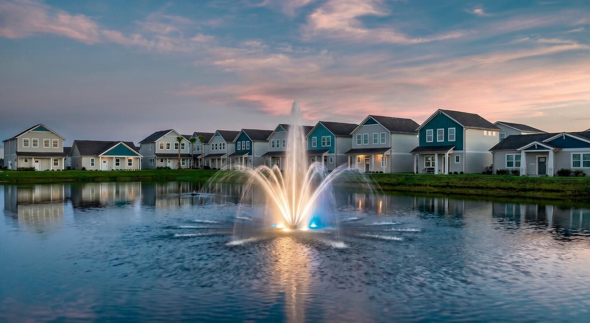Zona residencial con casas y una fuente al frente.