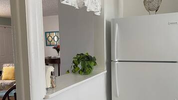 A kitchen with a white refrigerator, a potted plant on the counter, and a decorative item on top of the fridge.
