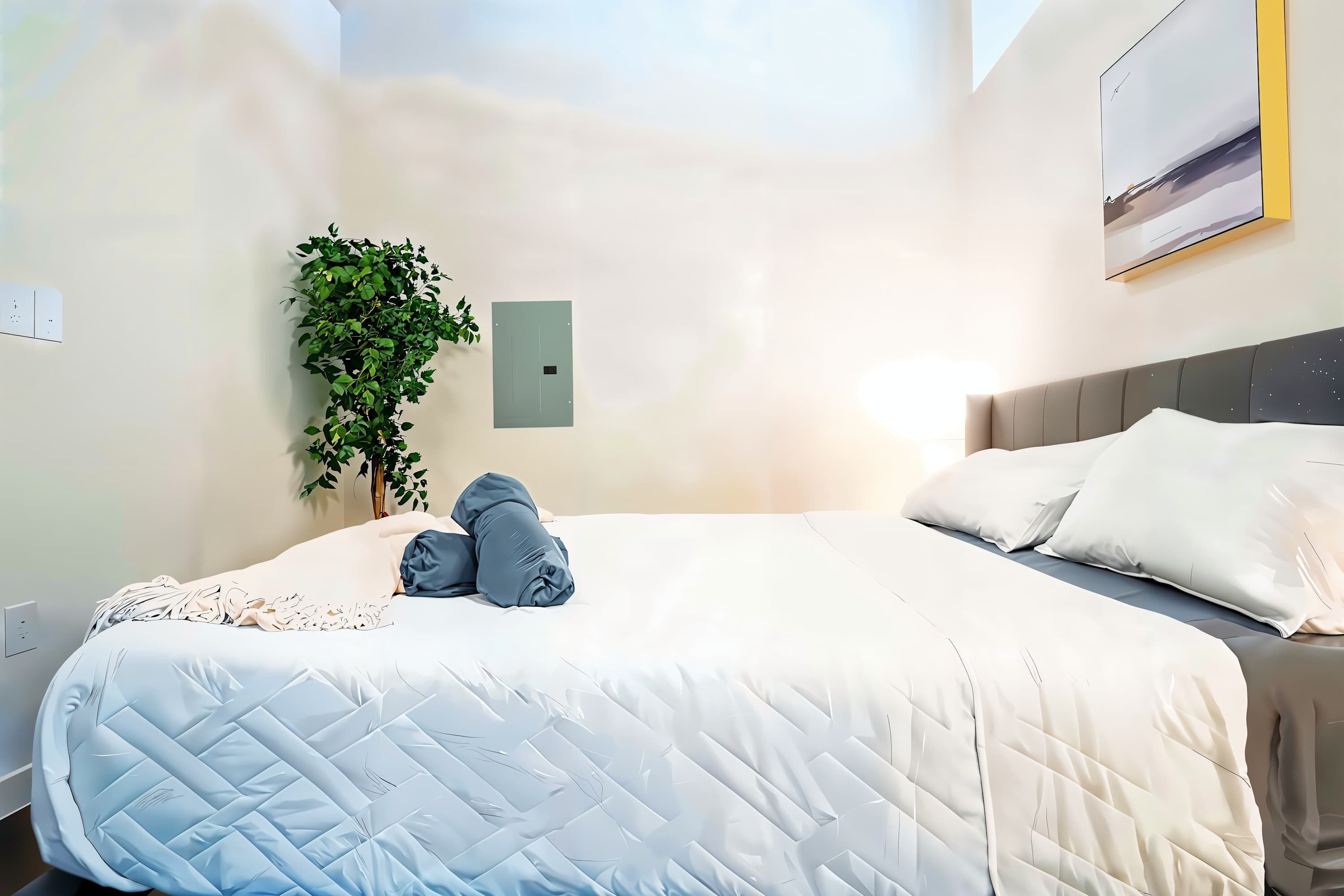 A neatly made bed with a quilted cover, a bedside plant, and a wall-mounted power outlet.