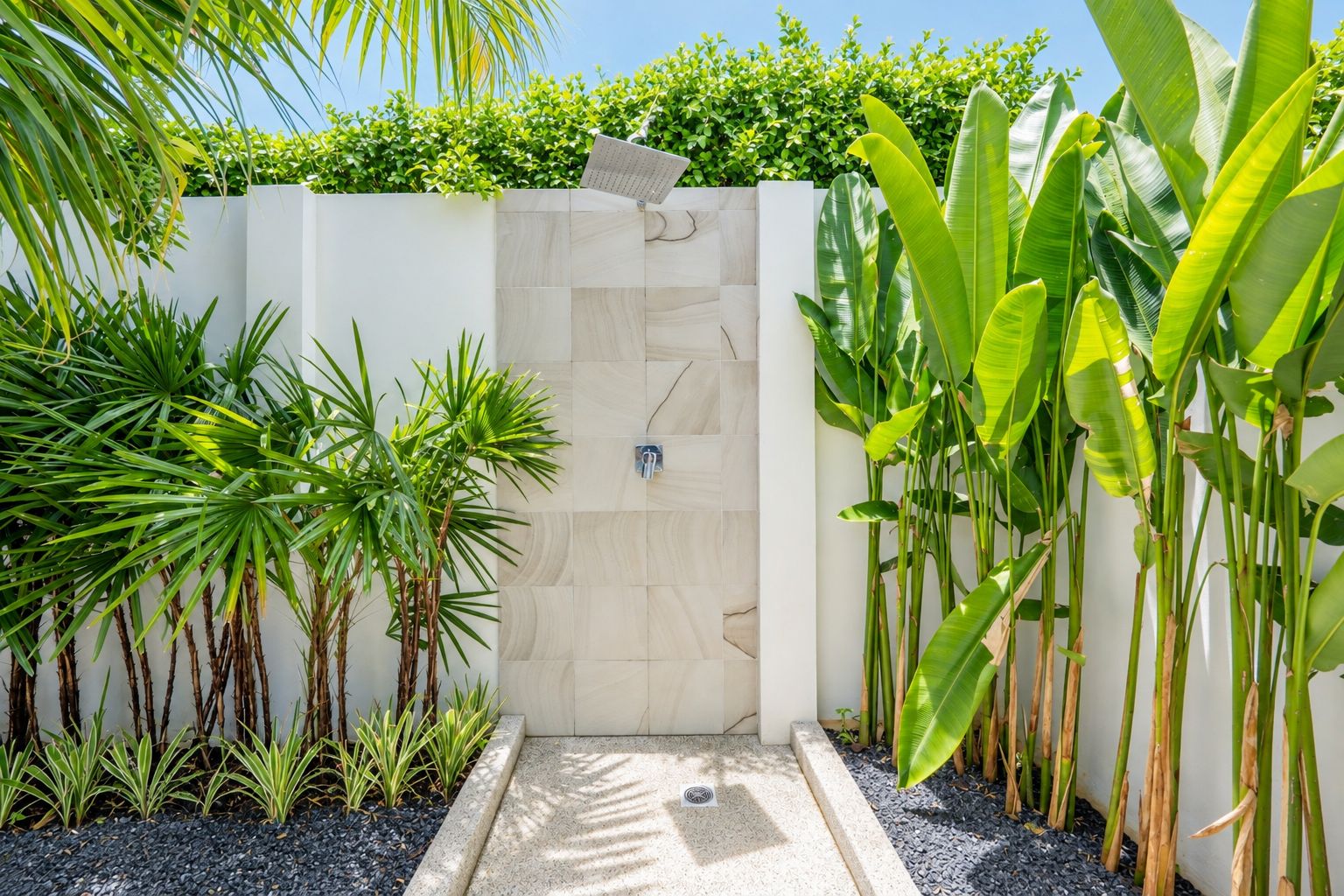 A modern outdoor entrance with a tiled wall, a water feature, and lush tropical plants.