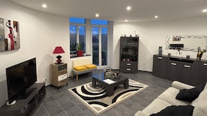 A modern living room with a flat-screen TV, a sofa, a coffee table, and a dining area with a table and chairs. - -In Valjc- (Liverdun)
