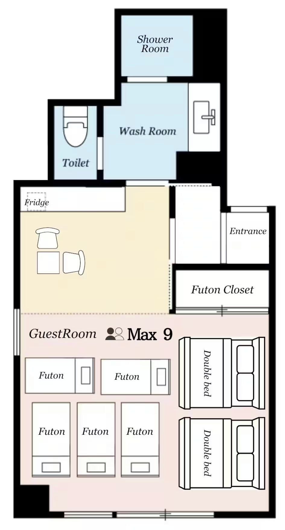A hotel layout with a shower room, washroom, toilet, entrance, fridge, futon closet, and a guest room with a double bed and futons.