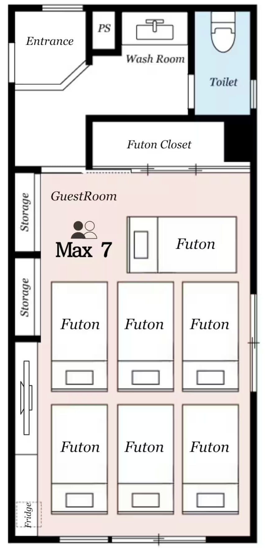 A hotel room layout with an entrance, wash room, toilet, futon closet, guest room, storage, and a fridge.