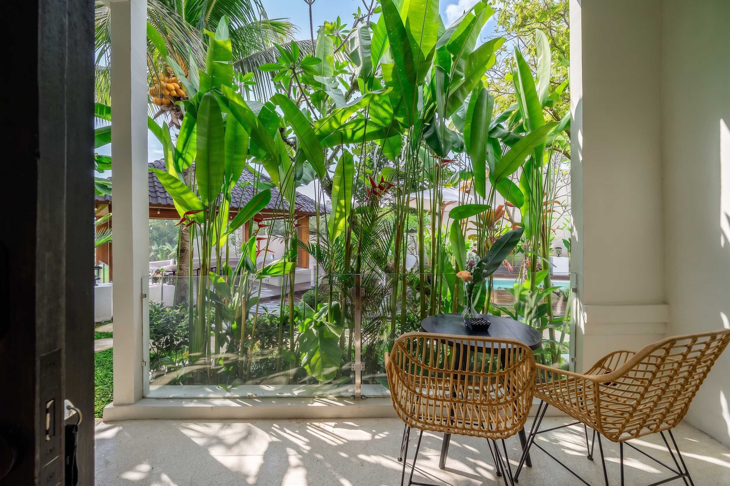 Une pièce dotée d’une grande fenêtre donnant sur un jardin tropical, de deux fauteuils en osier et d’une petite table.
