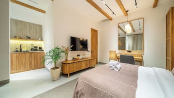 Een moderne hotelkamer met een bed, een televisie, een bureau en een badkamer.