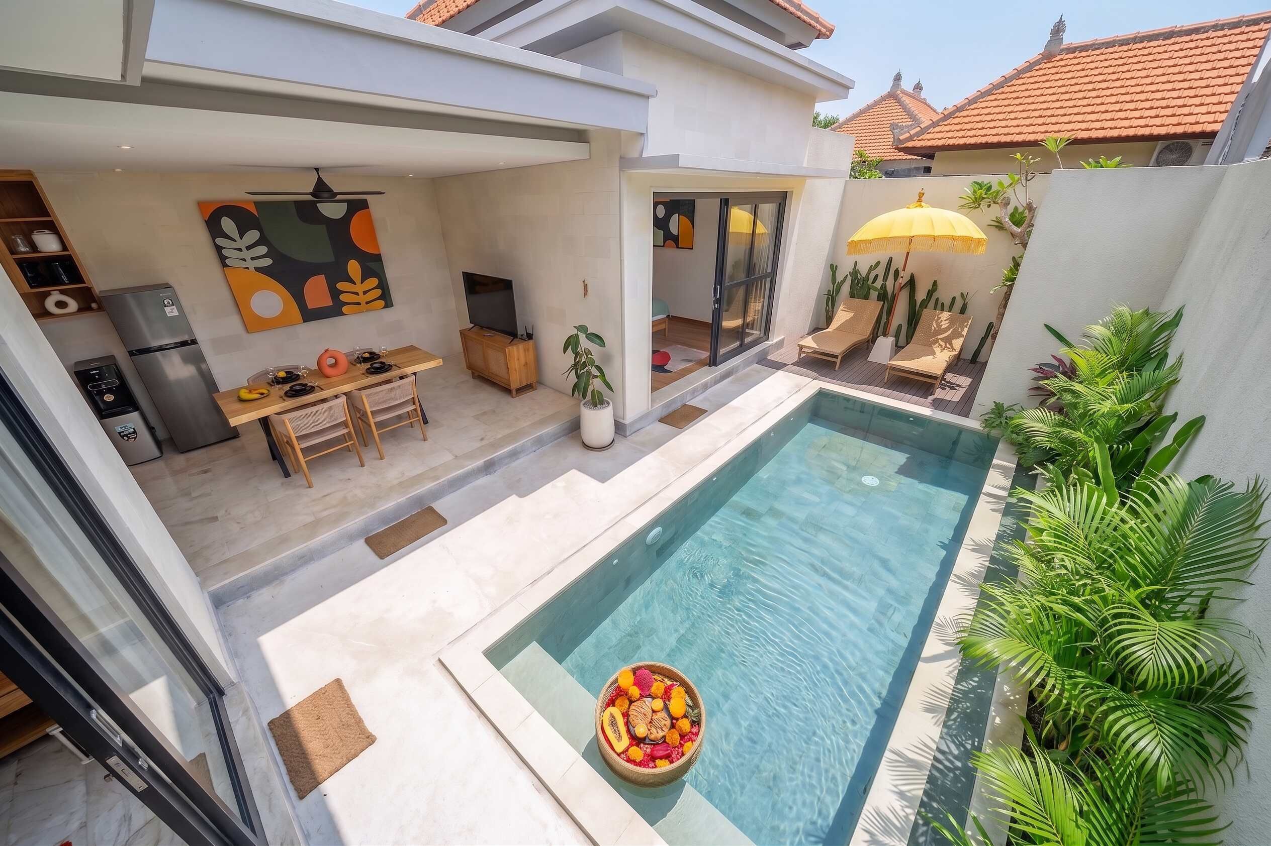 Ein modernes Haus mit Schwimmbad, Essbereich und Wohnzimmer.