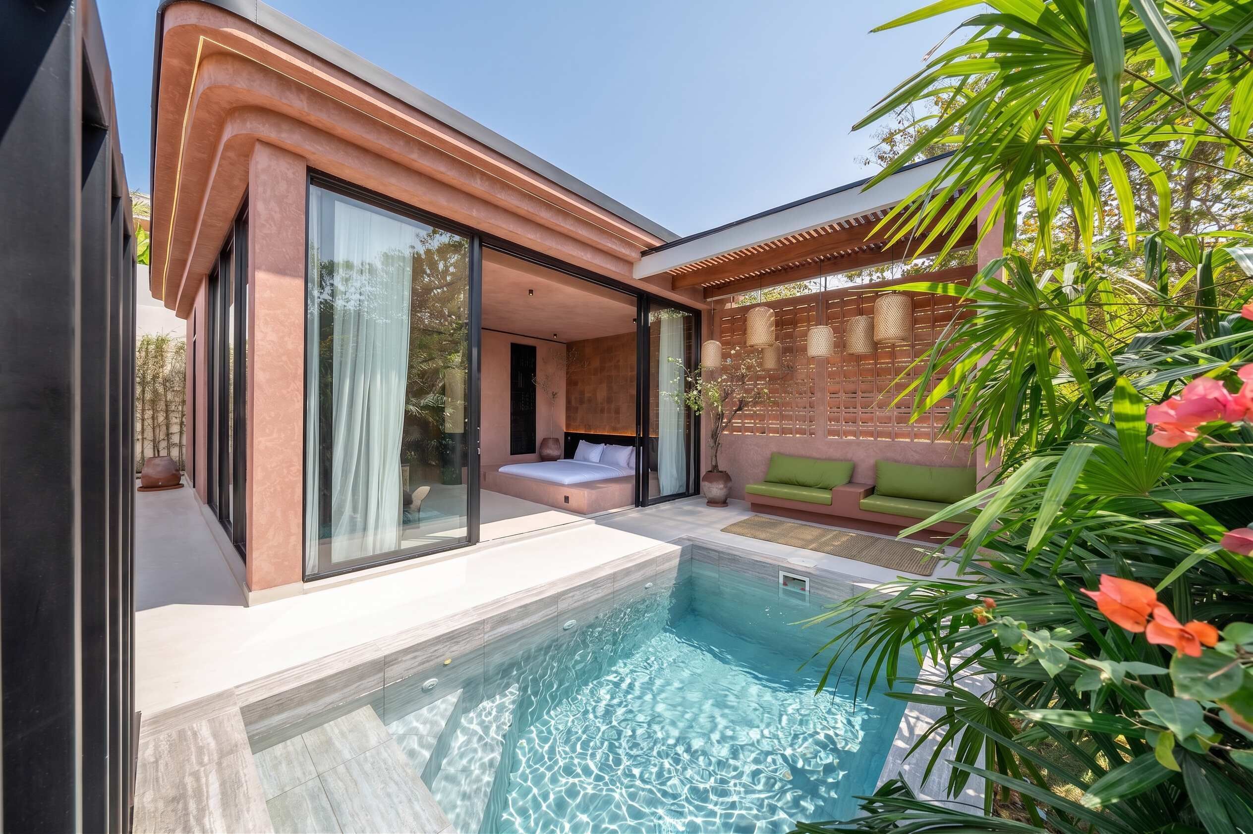 Area piscina esterna moderna con camera da letto vetrata e zona relax con pergola in legno.