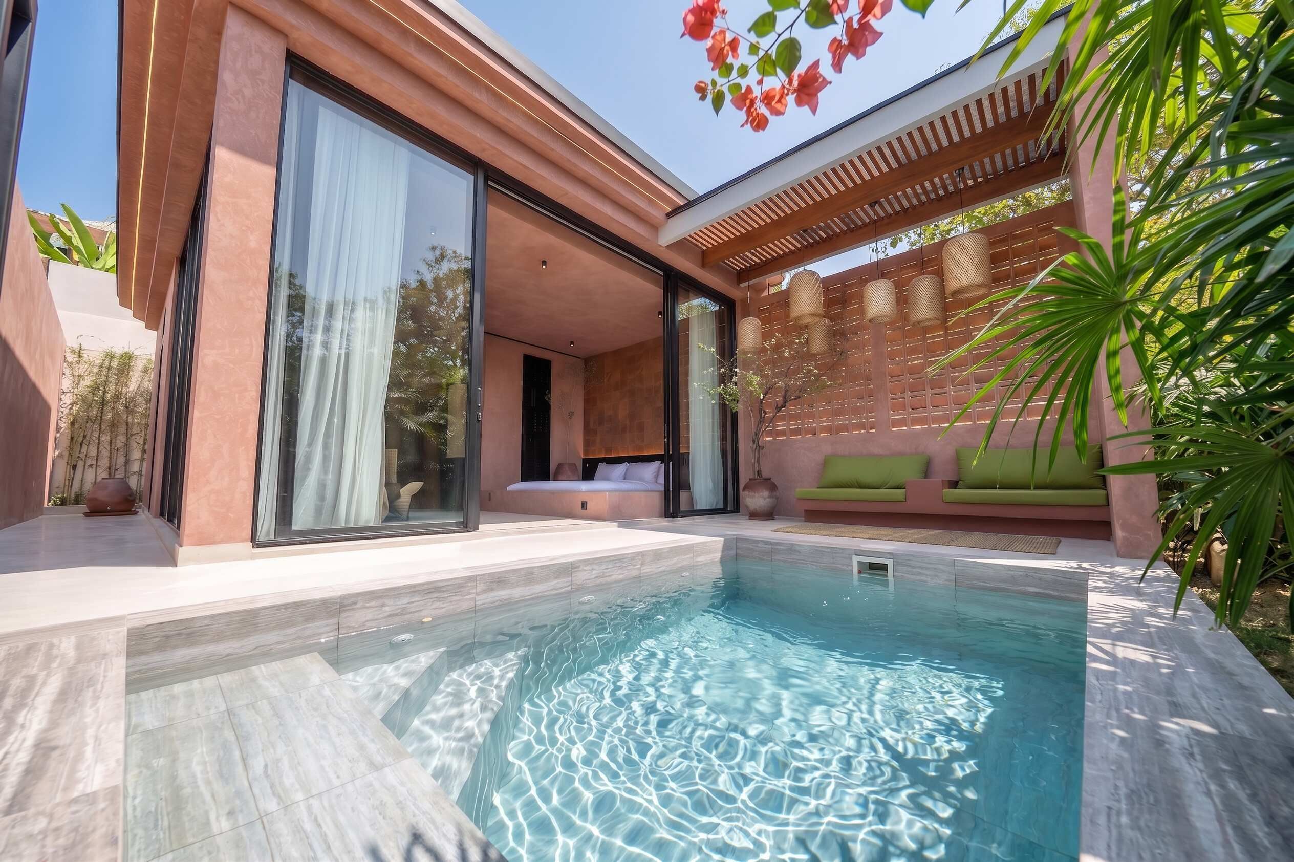 A modern outdoor pool area with a glass-enclosed patio, a seating area with cushions, and a pergola with hanging lights.