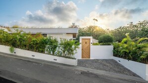 Ein modernes Haus mit weißer Fassade, einer Holztür und einem gepflasterten Einfahrt.